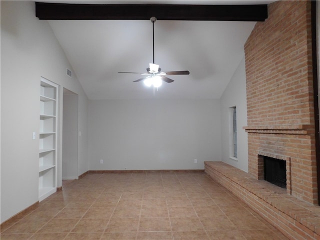 unfurnished living room with light tile patterned floors, ceiling fan, beam ceiling, a fireplace, and built in features