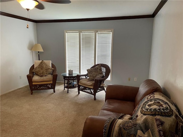 5218 Wooldridge Rd, Corpus Christi, TX 78413 - living area with ornamental molding, carpet, and a ceiling fan