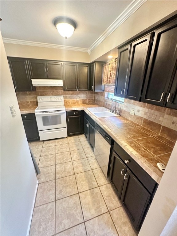 kitchen with sink, tasteful backsplash, ornamental molding, stainless steel dishwasher, and white electric stove