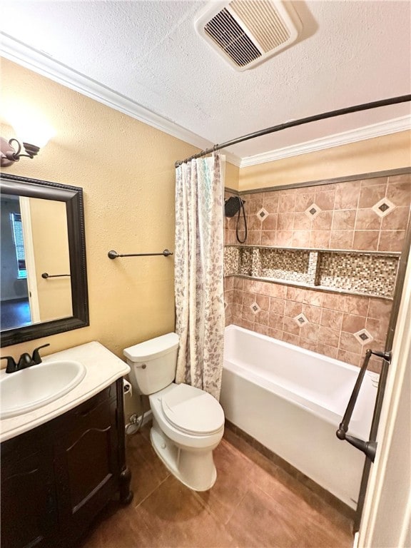 full bathroom with toilet, a textured ceiling, vanity, crown molding, and shower / bath combination with curtain