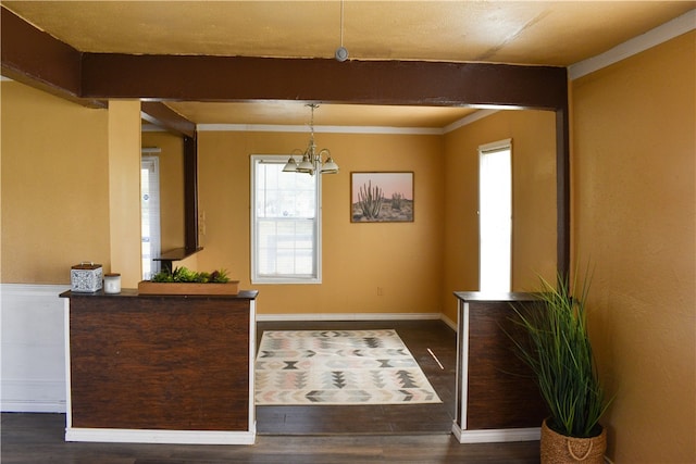 interior space with ornamental molding, dark hardwood / wood-style flooring, and a notable chandelier