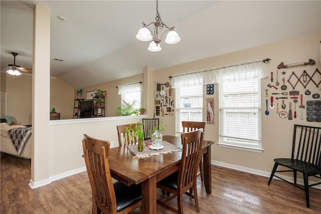 6005 Tapestry Dr, Corpus Christi, TX 78414 - dining room with wood finished floors, a chandelier, lofted ceiling, a ceiling fan, and baseboards