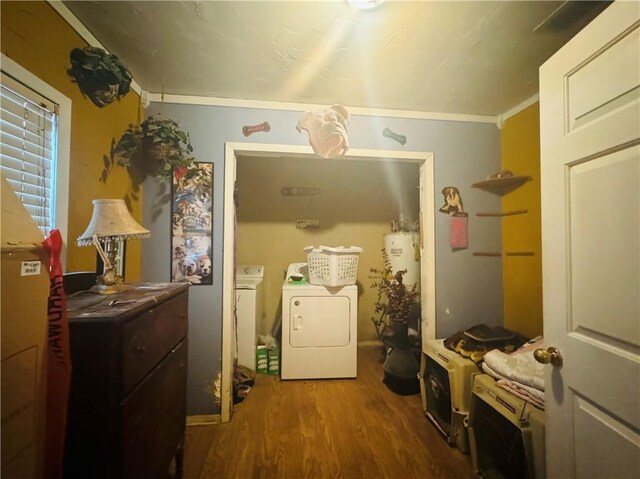 11521 Up River Rd, Corpus Christi, TX 78410 - laundry area with washing machine and clothes dryer, wood finished floors, and crown molding