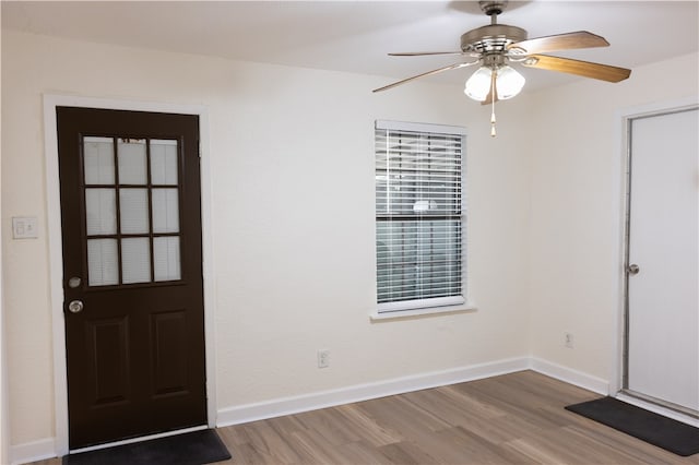 foyer with hardwood / wood-style flooring and ceiling fan