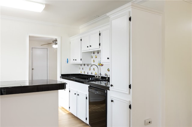 kitchen featuring dishwasher, sink, light hardwood / wood-style flooring, ceiling fan, and white cabinetry