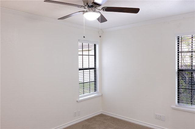 spare room featuring carpet, plenty of natural light, ceiling fan, and crown molding