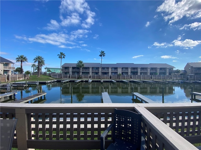 dock area with a water view