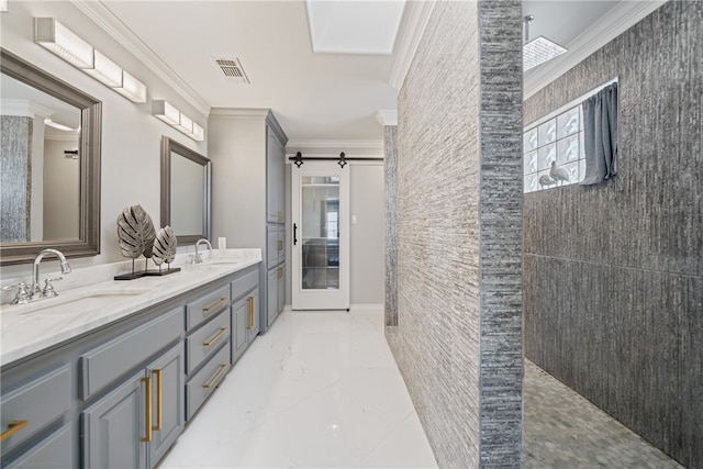 bathroom with tile walls, vanity, and crown molding