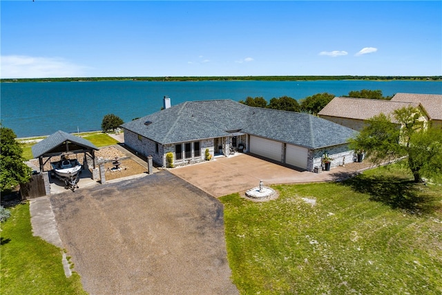 aerial view featuring a water view