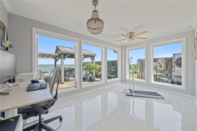 office featuring a water view, ceiling fan, and crown molding