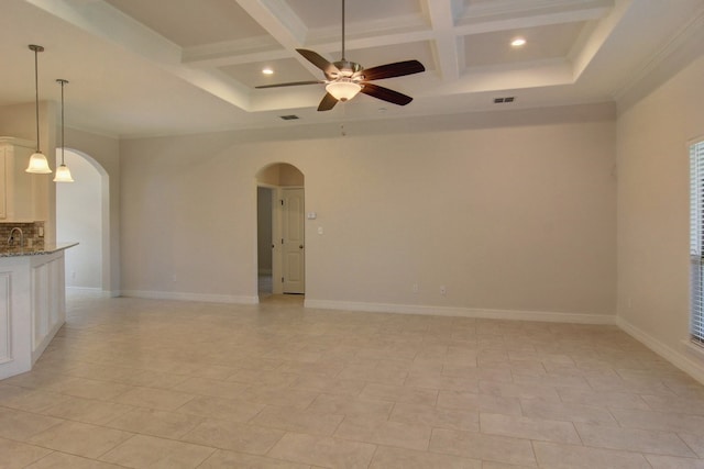 tiled empty room with beam ceiling, ceiling fan, and coffered ceiling