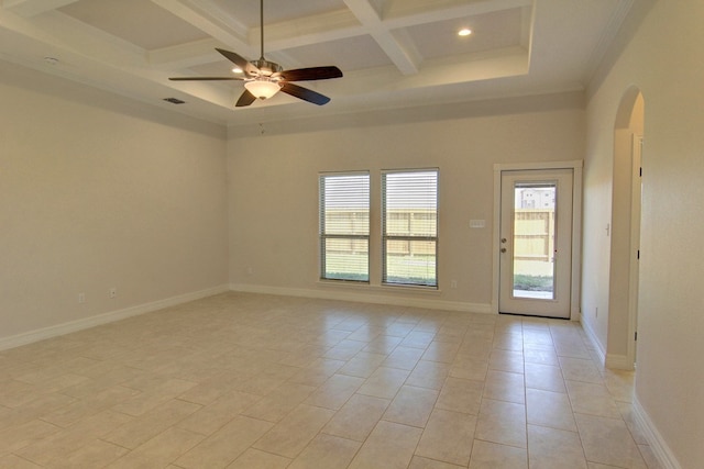 spare room featuring crown molding, light tile patterned floors, beam ceiling, coffered ceiling, and ceiling fan