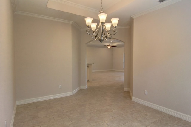 spare room with ceiling fan with notable chandelier and ornamental molding