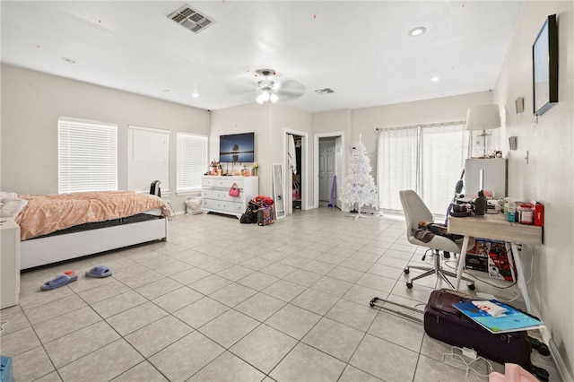 bedroom with recessed lighting, visible vents, a ceiling fan, and light tile patterned flooring