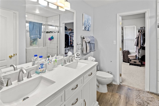 full bathroom with a stall shower, a spacious closet, and a sink