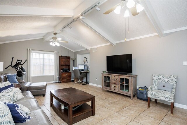 3346 Samoa Dr, Corpus Christi, TX 78418 - living room featuring ceiling fan, light tile patterned floors, a desk, rail lighting, and a textured ceiling
