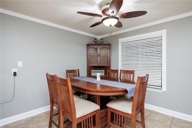 3346 Samoa Dr, Corpus Christi, TX 78418 - dining area with ceiling fan, light tile patterned floors, ornamental molding, and baseboards
