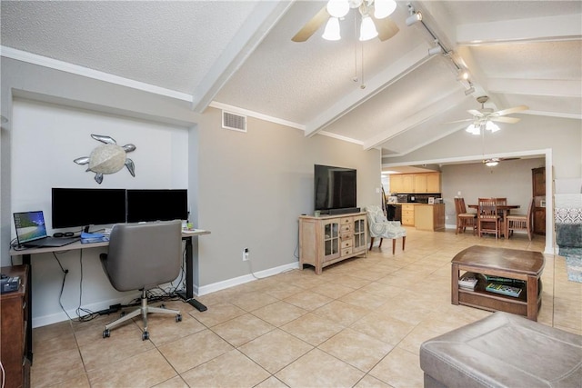 3346 Samoa Dr, Corpus Christi, TX 78418 - office space with ceiling fan, rail lighting, light tile patterned flooring, and a textured ceiling