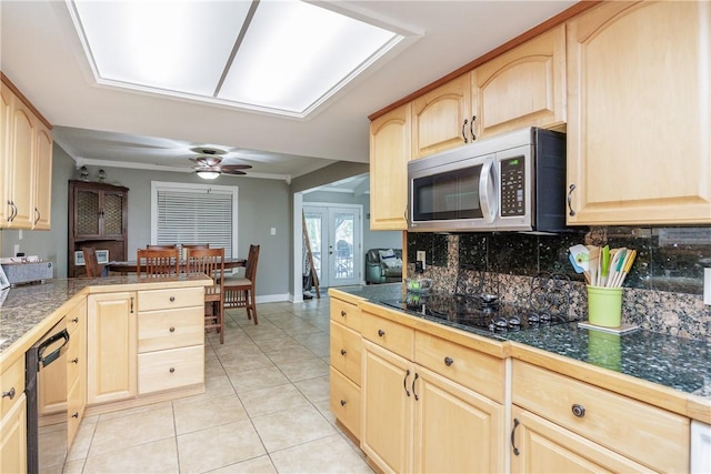 3346 Samoa Dr, Corpus Christi, TX 78418 - kitchen featuring light brown cabinets, stainless steel appliances, tasteful backsplash, ceiling fan, and light tile patterned floors
