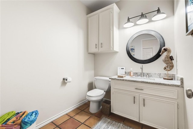 half bath with tile patterned flooring, vanity, toilet, and baseboards