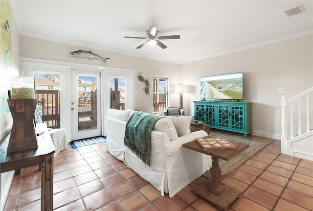 bedroom featuring access to exterior, visible vents, crown molding, and light tile patterned floors