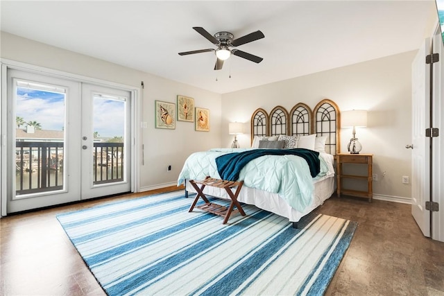 bedroom with baseboards, french doors, a ceiling fan, and access to exterior