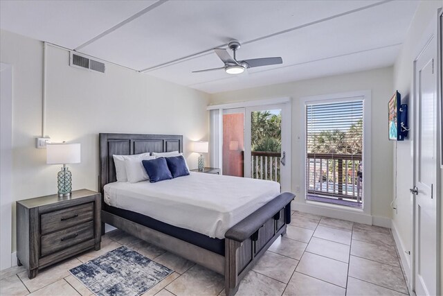 tiled bedroom with access to exterior and ceiling fan