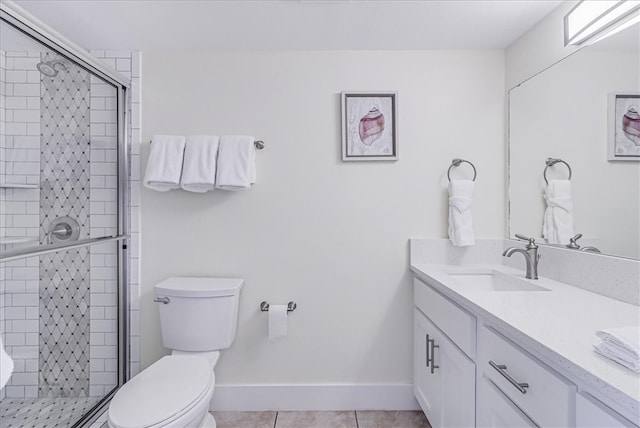 bathroom featuring vanity, a shower with shower door, tile patterned floors, and toilet