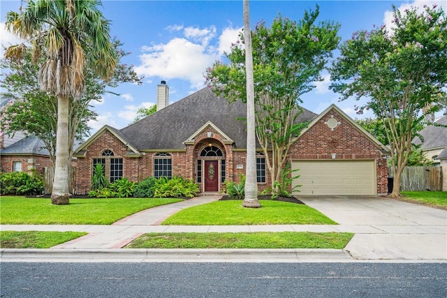 5609 Leicester Dr, Corpus Christi, TX 78414 - traditional-style home featuring brick siding, an attached garage, driveway, a chimney, and a shingled roof
