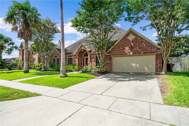 5609 Leicester Dr, Corpus Christi, TX 78414 - traditional-style house featuring brick siding, an attached garage, and concrete driveway