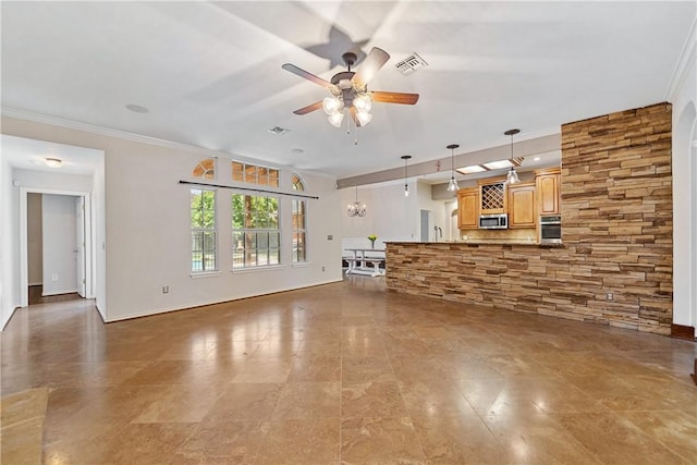 5609 Leicester Dr, Corpus Christi, TX 78414 - unfurnished living room featuring ceiling fan, ornamental molding, and tile patterned floors