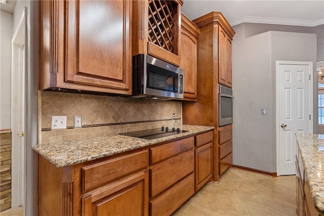 5609 Leicester Dr, Corpus Christi, TX 78414 - kitchen featuring appliances with stainless steel finishes, tasteful backsplash, light stone counters, brown cabinetry, and ornamental molding