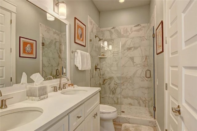 bathroom with vanity, a shower with shower door, and toilet