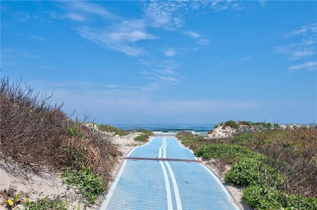 view of street with a water view