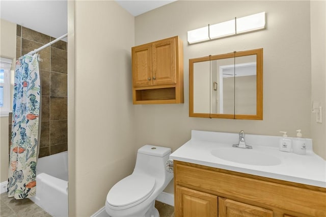 full bathroom with toilet, vanity, and shower / bathtub combination with curtain