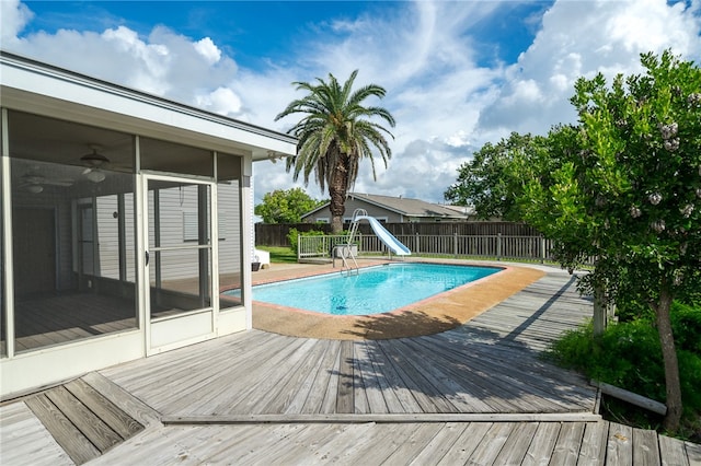 view of pool featuring a deck and a water slide