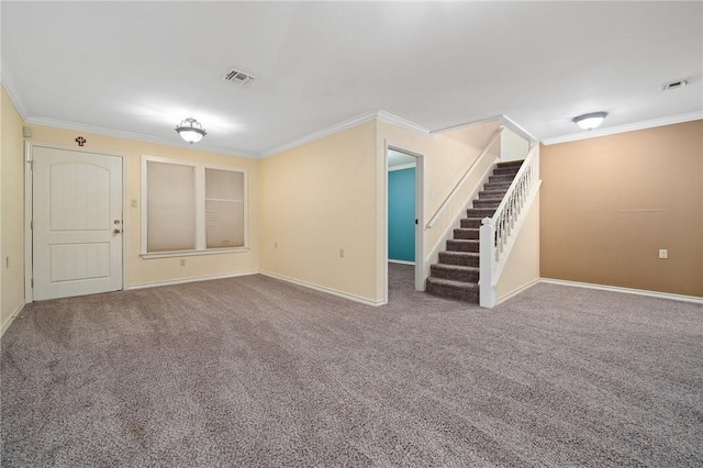 119 N Rife St, Aransas Pass, TX 78336 - unfurnished living room with ornamental molding, stairway, baseboards, and carpet flooring