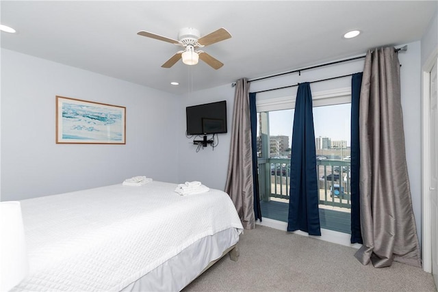 bedroom with light carpet, access to outside, ceiling fan, and recessed lighting