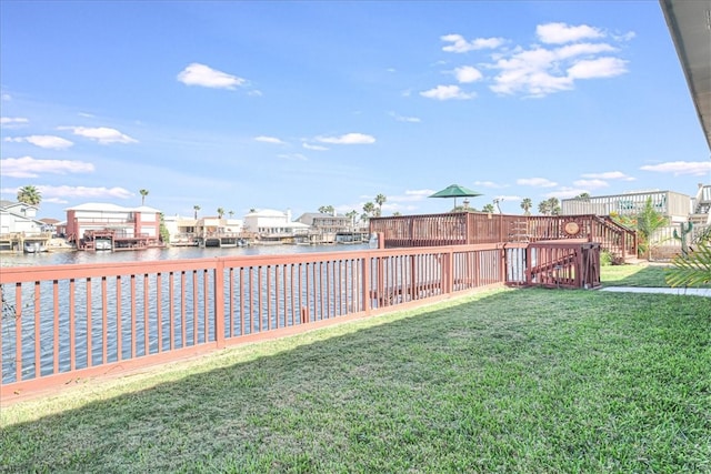 view of yard with a water view