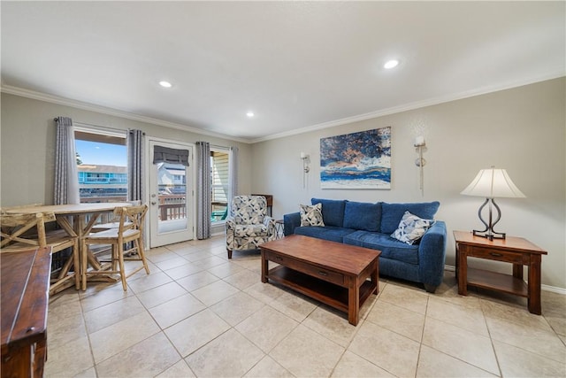 living room featuring recessed lighting, light tile patterned flooring, and crown molding