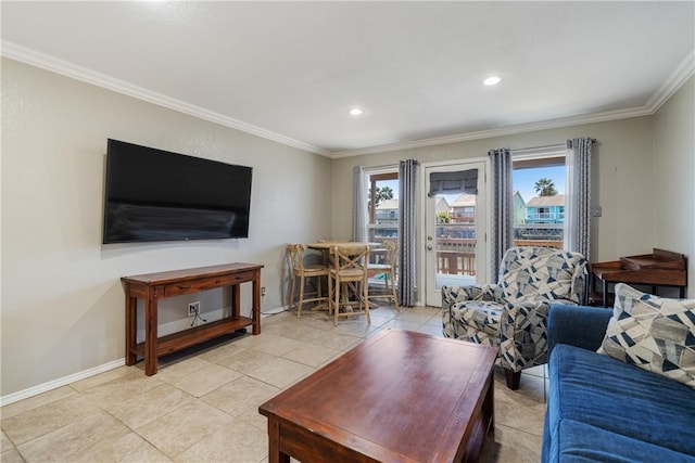 living room with light tile patterned floors, baseboards, and ornamental molding