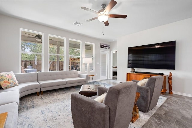 1962 Lighthouse Lakes Ln, Aransas Pass, TX 78336 - living area featuring baseboards, a ceiling fan, and visible vents