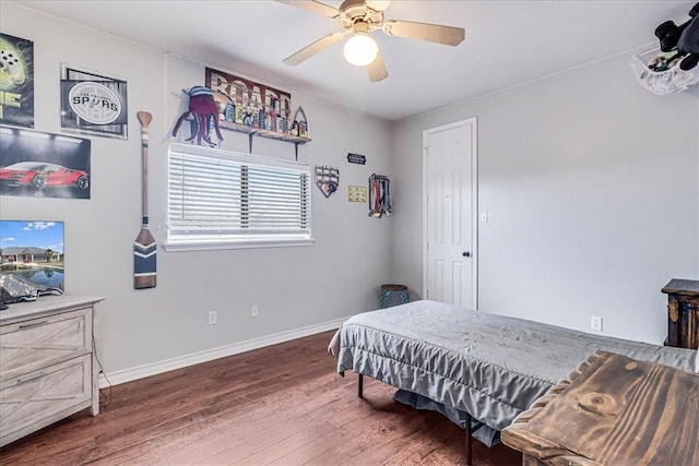 bedroom featuring wood-type flooring, pool table, and ceiling fan