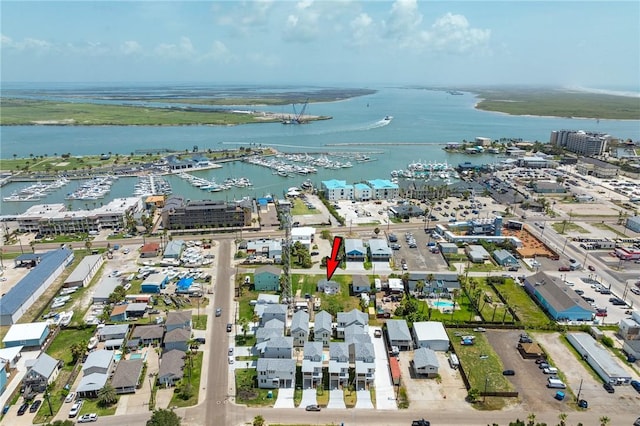 drone / aerial view with a water view