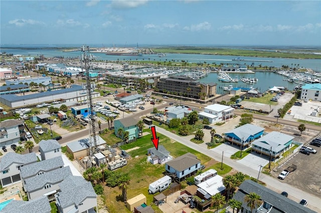 drone / aerial view featuring a water view