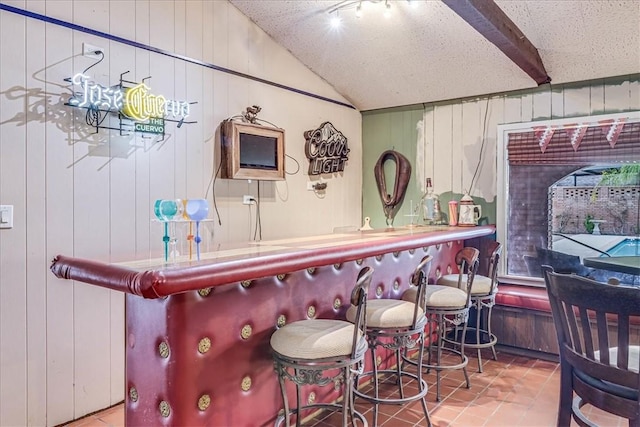 434 Cape Lookout Dr, Corpus Christi, TX 78412 - bar with a bar, vaulted ceiling with beams, tile patterned floors, and a textured ceiling