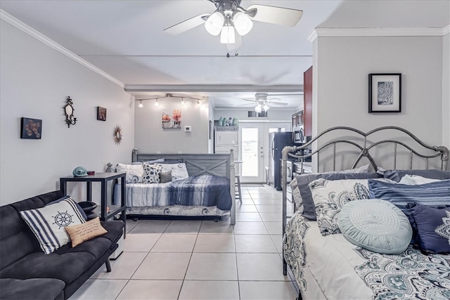 tiled bedroom featuring stainless steel refrigerator, ceiling fan, french doors, and ornamental molding