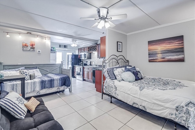 bedroom featuring french doors, crown molding, ceiling fan, stainless steel fridge, and light tile patterned flooring