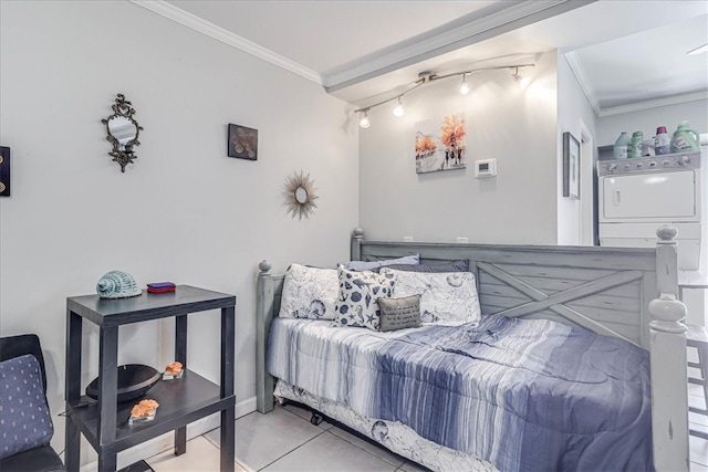 bedroom featuring light tile patterned floors and crown molding