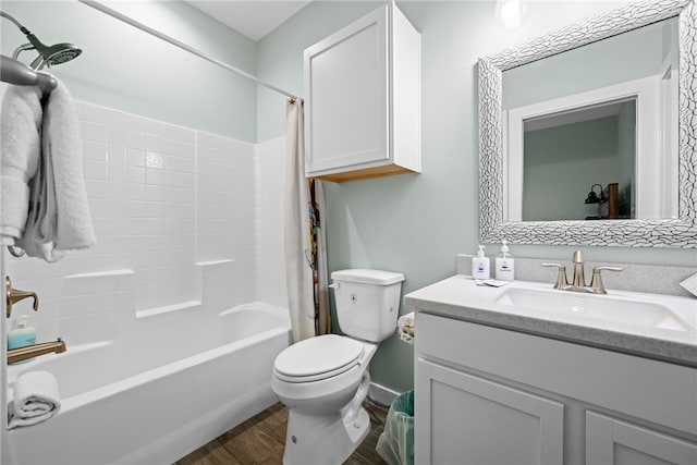 full bathroom with toilet, shower / tub combo, vanity, and wood-type flooring